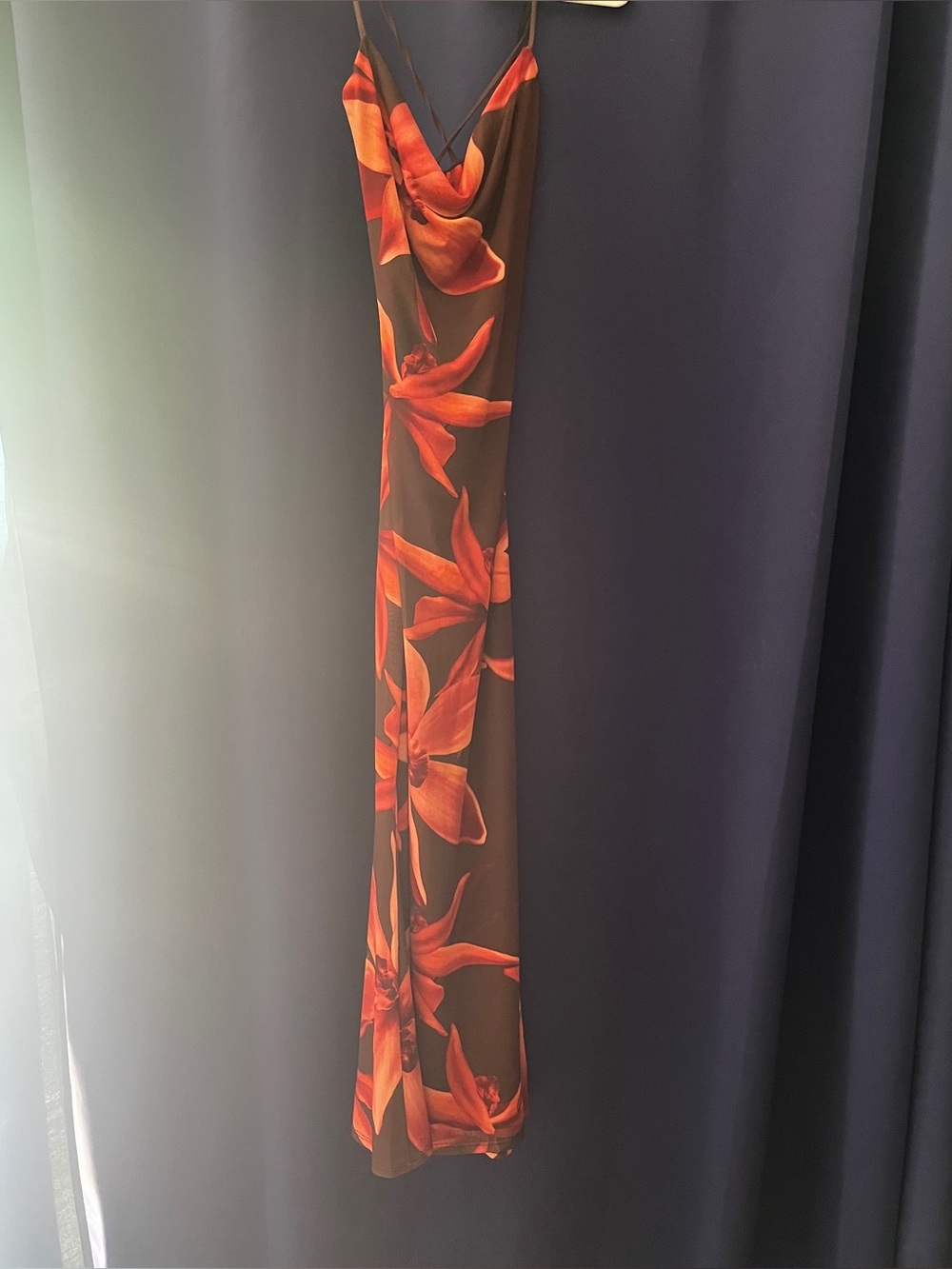 NWT Windsor Brown Maxi Dress with Bold Orange Floral Print